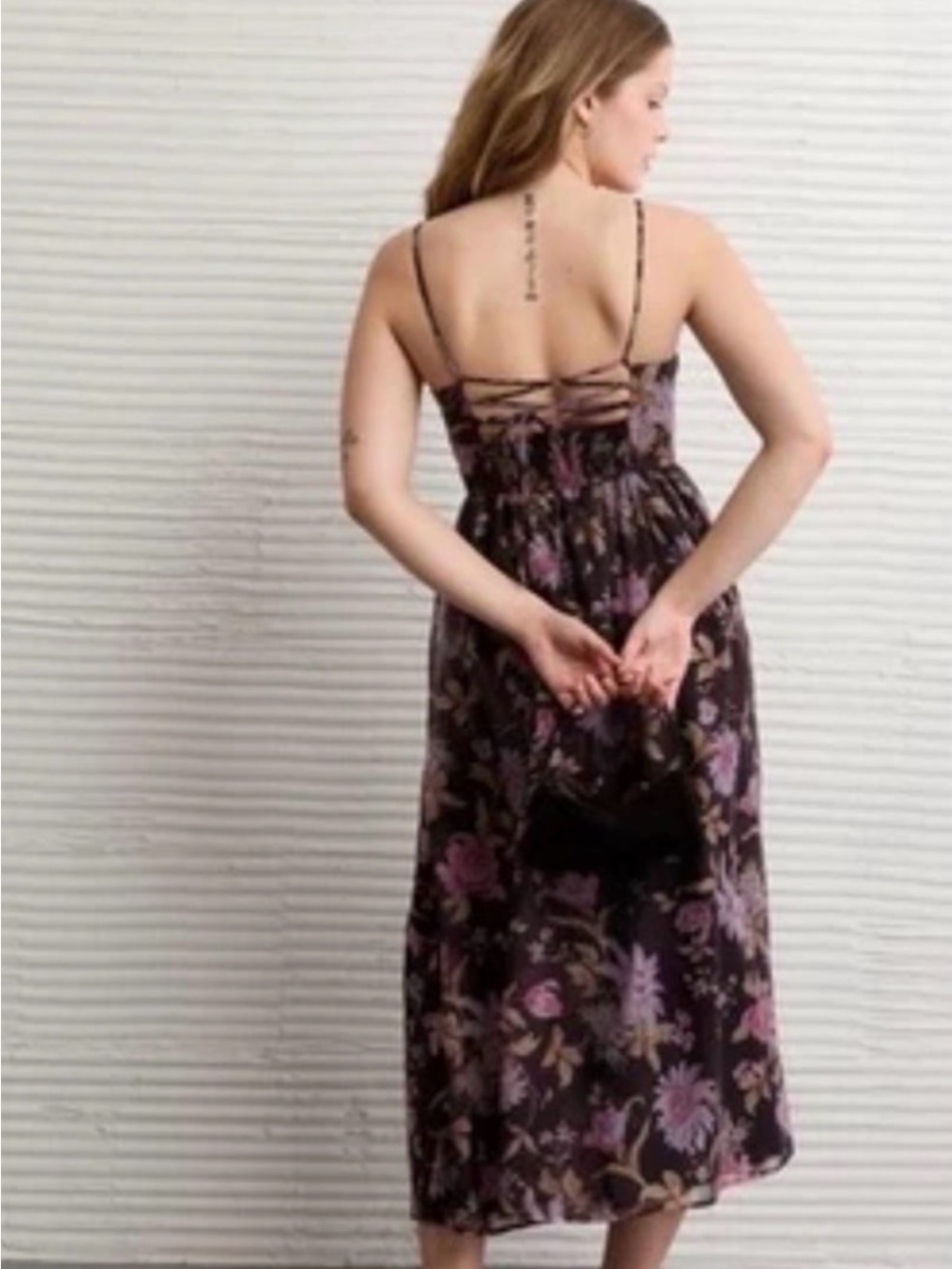 American Eagle Outfitters Plum Floral Lace-Up Back Midi Dress